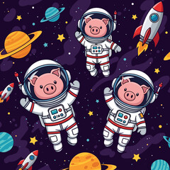 Cute pigs in spacesuits floating in space, perfect for children's books, textiles, or websites.
