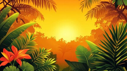 A vibrant vector illustration of tropical plants with a sunset background, featuring bright colors and bold shapes.