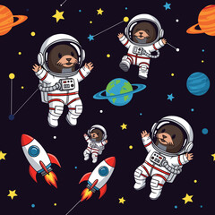 Cute otters in spacesuits floating in space, perfect for children's books, textiles, or space-themed projects.