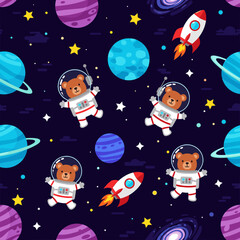 Cute teddy bears in spacesuits floating among planets and stars; perfect for children's textile designs, space-themed apparel, or whimsical backgrounds.
