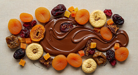 A swirl of rich melted chocolate is surrounded by an assortment of colorful dried fruits including apricots, cranberries, figs, and diced mango on a light surface.