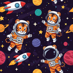 Cute tiger astronauts floating in space, perfect for children's books, textiles, or space-themed websites.