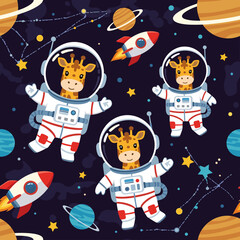 Cute giraffes in astronaut suits floating in space, perfect for children's books, textiles, or websites.