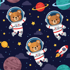 Cute teddy bear astronauts floating in space - seamless pattern for kids' products.