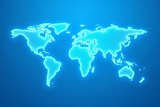 Glowing blue world map outline on a gradient blue background showing continents and oceans in a simplified style