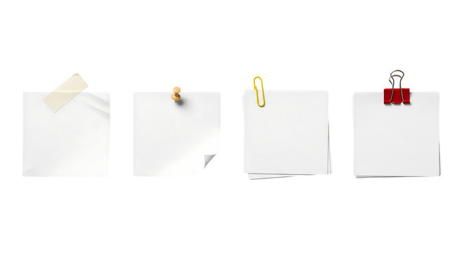 Set of white paper notes with tape, pin, and clips. Isolated on transparent background, png