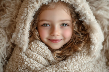 Adorable child dressed in fluffy cozy sheep-inspired costume smiling outdoors created with generative ai