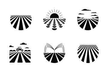 Agricultural field sunrise tractor and plant icons agriculture farming