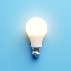 Illuminated white L E D light bulb with silver base on a solid light blue background representing ideas and innovation