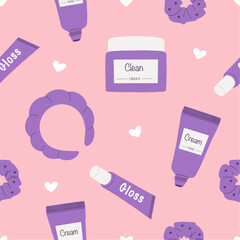 Beauty products seamless pattern. Cleanser, cream, lip gloss, hair band and elastic. Beauty care. Hand drawn vector illustration