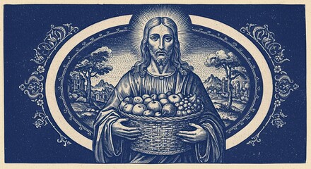 Jesus Christ holding a basket of fruit. Christian art depicting abundance. Religious illustration for gospel lessons.