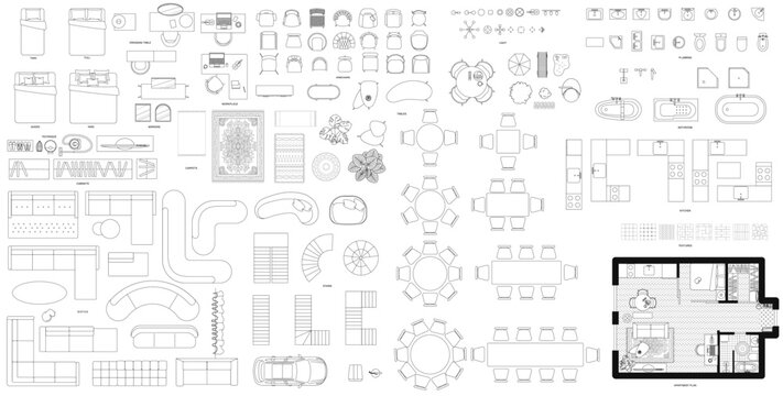 Furniture in top view. Vector illustration of isolated interior objects on white background.