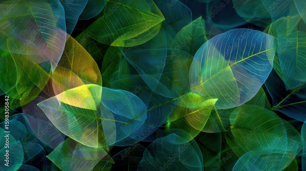 Poster a vibrant display of translucent leaves creating a stunning visual effect against a dark background.