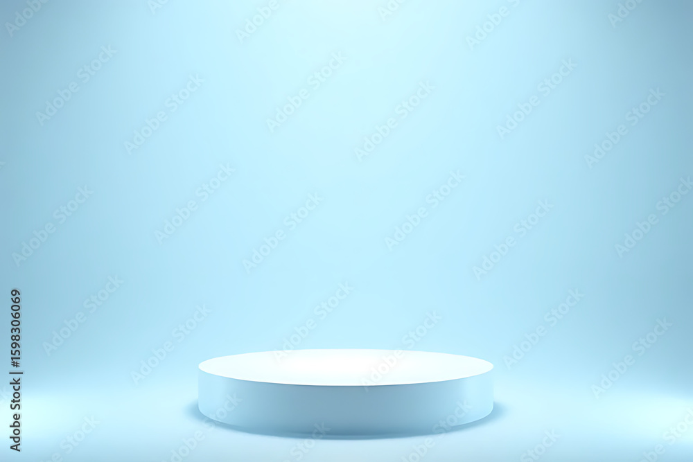 Poster light blue studio background with a white cylindrical podium for product display or presentation of 