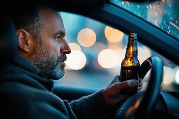 Man Driving with Beer Bottle in Hand, Urban Background