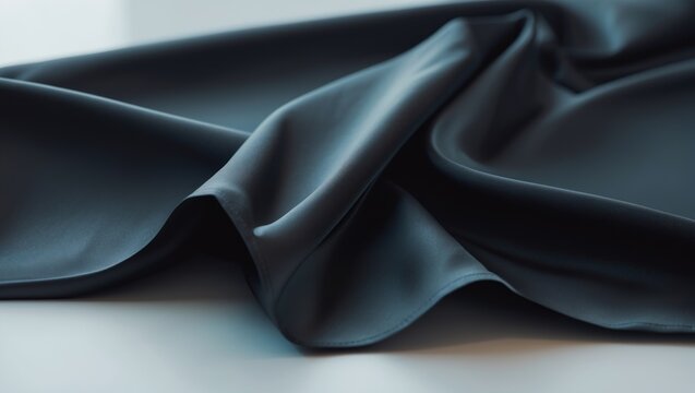 Close-up of black leather fabric with smooth texture and folds. Material for fashion, upholstery, or accessories. The concept of leather and fabric texture.