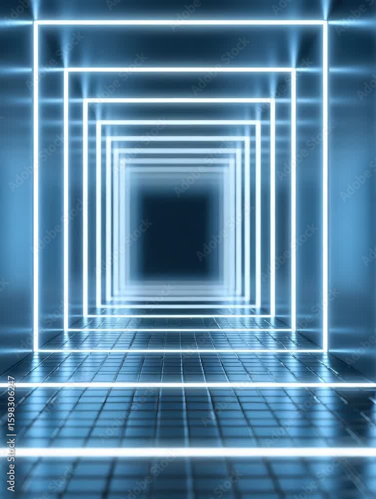 Poster futuristic glowing tunnel with blue neon square frames creating mesmerizing endless corridor effect 
