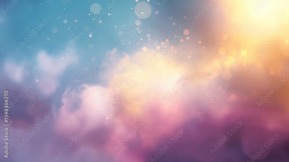 Poster a vibrant sky filled with colorful clouds and soft bokeh effects, creating an inspiring and tranquil