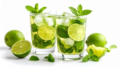 Fototapeta premium Refrescantes cócteles de mojito con lima y hojas de menta fresca en vasos transparentes sobre fondo blanco.