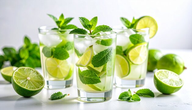 Refrescantes c&oacute;cteles de mojito con lima y hojas de menta fresca en vasos transparentes sobre fondo blanco.

