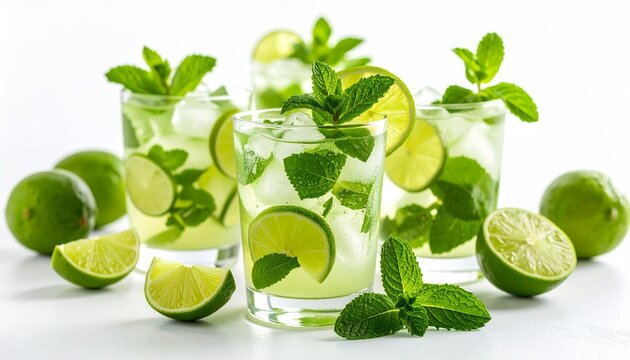 Refrescantes c&oacute;cteles de mojito con lima y hojas de menta fresca en vasos transparentes sobre fondo blanco.

