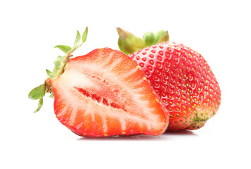 Whole and cut strawberries isolated on white