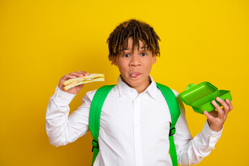 Smiling schoolboy with lunchbox and sandwich on yellow background showcasing education and...