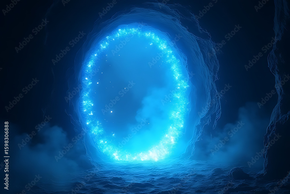 Poster luminous blue portal in a dark cave with glowing energy and ethereal clouds creating a mystical atmo