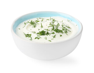 Delicious yogurt with dill in bowl isolated on white