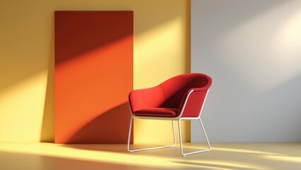 Colorful modern chair against vibrant wall with light and shadow play. Interior design, furniture, contemporary decor. The concept of stylish and modern interior furniture.