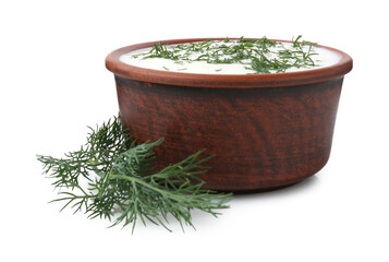 Delicious yogurt in bowl and dill isolated on white