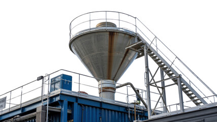 Fototapeta premium Industrial Hopper and Metal Staircase on Factory Rooftop - Detailed Close-up