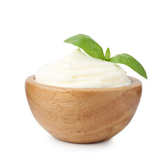 Delicious yogurt with basil in bowl isolated on white