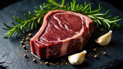 Fresh raw meat with sprigs of rosemary and garlic cloves on a dark surface.