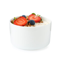 Tasty yogurt with granola and berries isolated on white