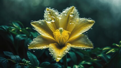 A yellow flower with dew drops on its petals, surrounded by green leaves.