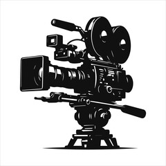 Black silhouette of a professional movie camera on white background