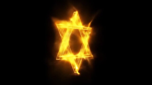 Burning Star of David animation with golden glow. Religious symbol of Judaism on black background video footage.