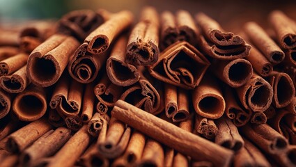 Close-up of cinnamon sticks arranged together, showcasing their textured surface and rolled shape.