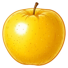 A single golden apple with a brown stem and speckled skin, presented against a clean white background, evoking freshness and natural sweetness