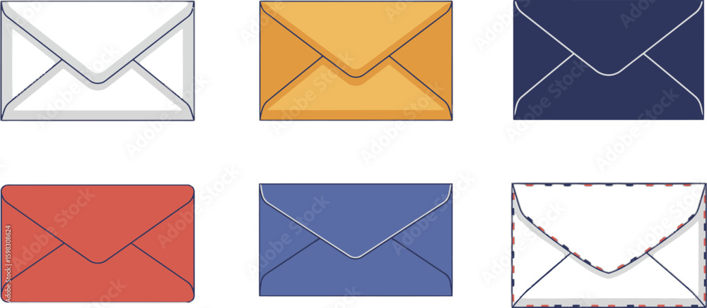Poster vector art of a group of six colorful envelope illustrations with a clean and modern design, isolate