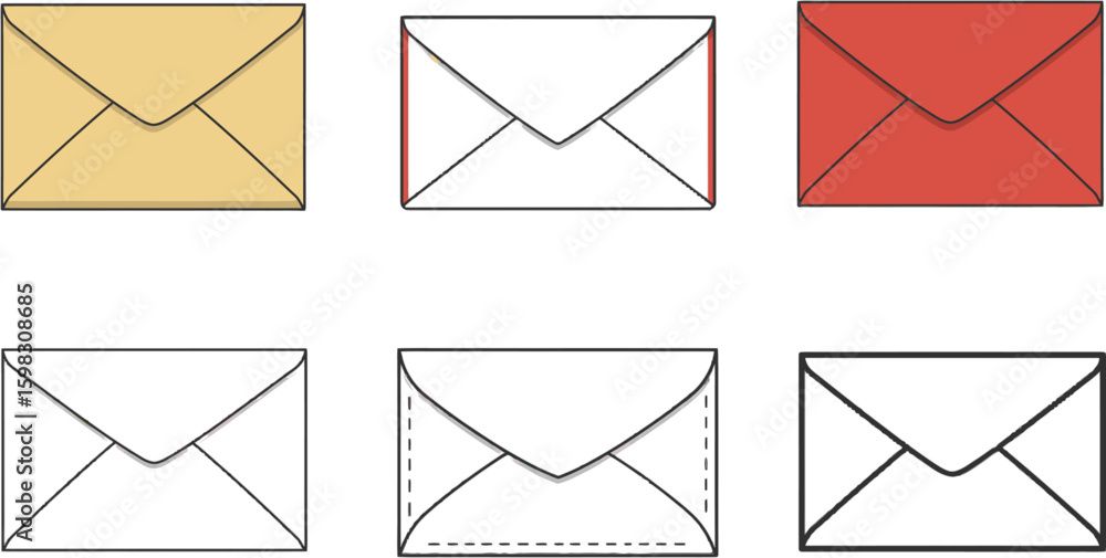 Poster vector art of a collection of six simple envelope illustrations in different colors and styles, isol