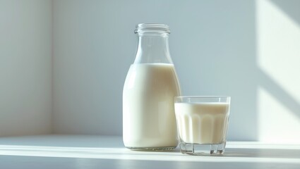 A bottle and glass of milk on a white surface with soft natural lighting. Dairy product, beverage, health. Simple and fresh presentation of milk.