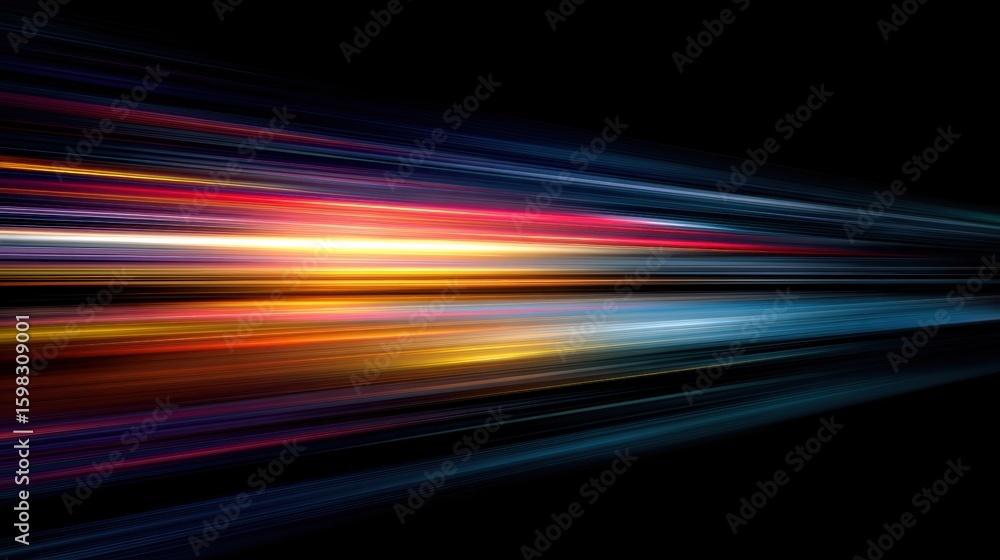Poster abstract digital art with colorful light streams creating a sense of speed and motion against a dark