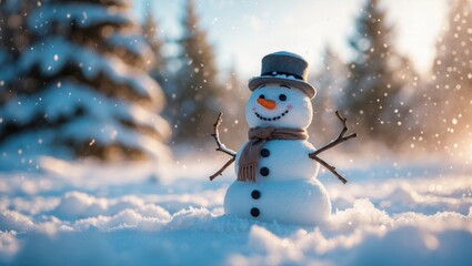 Obraz premium Snowman in winter landscape with snow-covered trees, warm sunlight, and falling snow, creating a festive and cozy holiday scene.