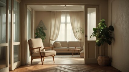 A cozy living room with natural light, featuring a sofa, armchair, curtains, plants, and wood flooring, creating a warm and inviting atmosphere.