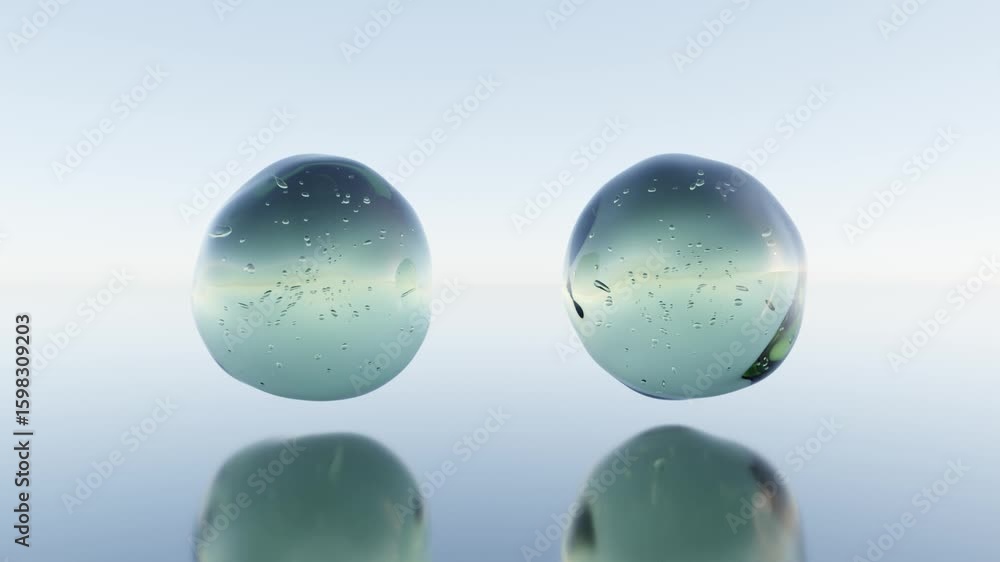 Poster abstract transparent green balls with floating particles above mirror surface, seamless 3d motion de