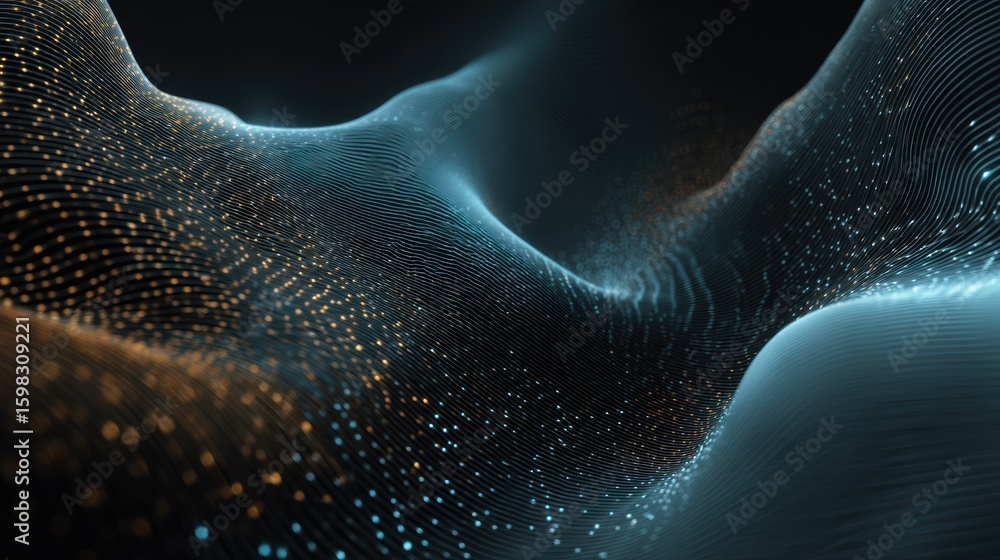 Poster abstract digital wave with luminous particles, creating a futuristic look and feel in deep space.