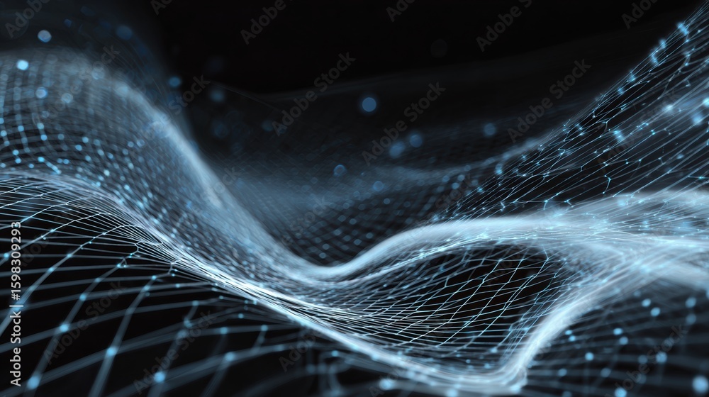 Poster abstract digital waves representing data flow and technology in a modern networked world.