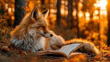 A beautiful fox rests in a golden forest, curiously gazing at an open book beside it, embodying the tranquil essence of nature and relaxation.
